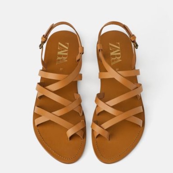 ZARA 100% Leather Flat Sandals With Straps - Picture 1 of 2